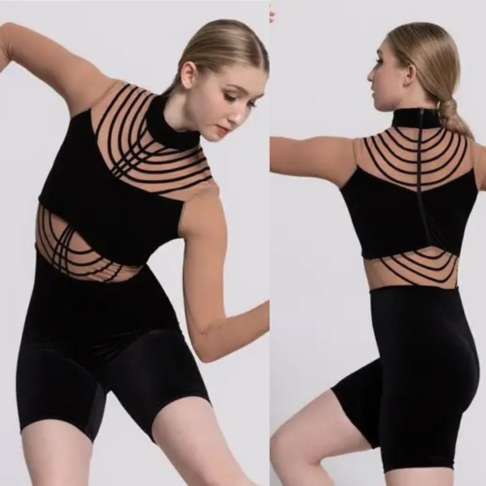 WEISSMAN Elite Dance Costume unitard tan black velvet To Be Loved 14115 XSA